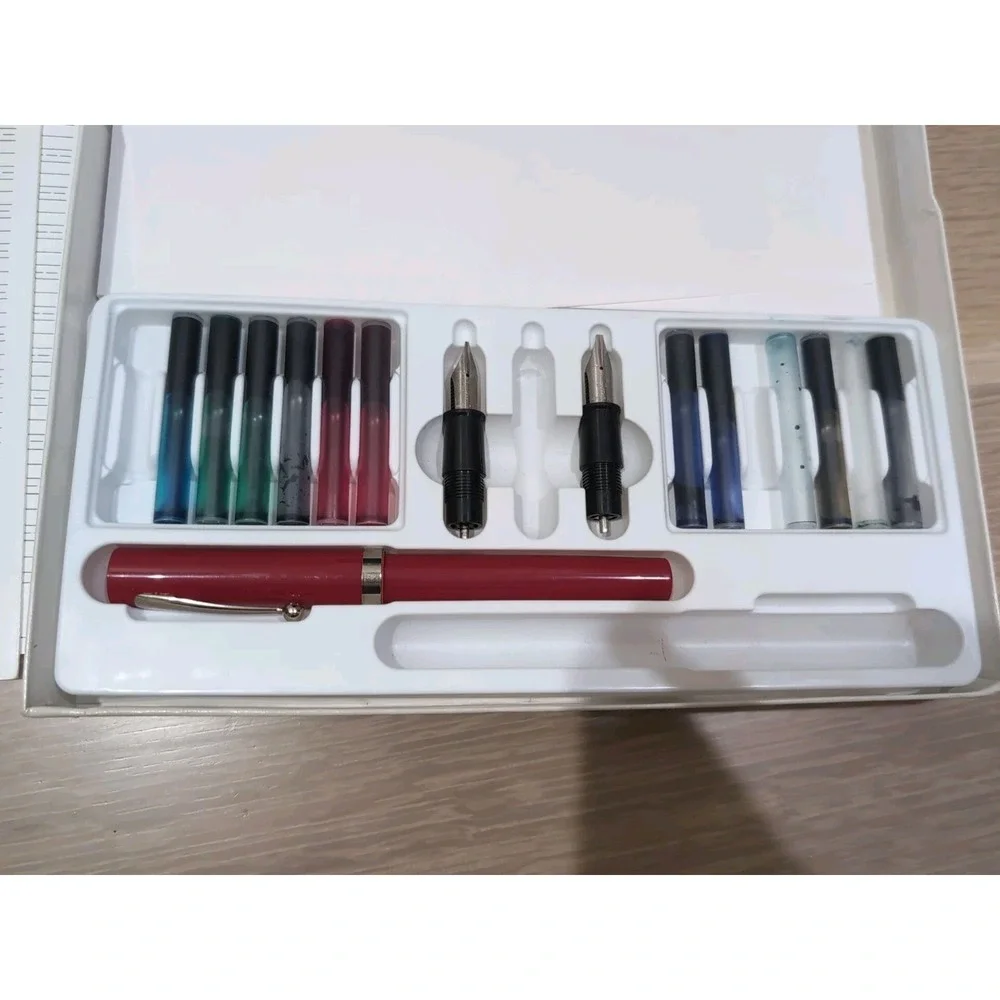 Sheaffer Calligraphy Set Red Fountain Pens 2 Nibs 10 Ink Cartridges Vintage 1993